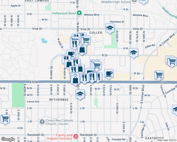map of restaurants, bars, coffee shops, grocery stores, and more near 210 N 48th St in Lincoln