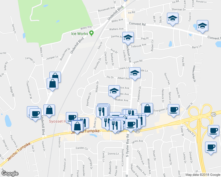 map of restaurants, bars, coffee shops, grocery stores, and more near 31 Beatrice Avenue in Syosset