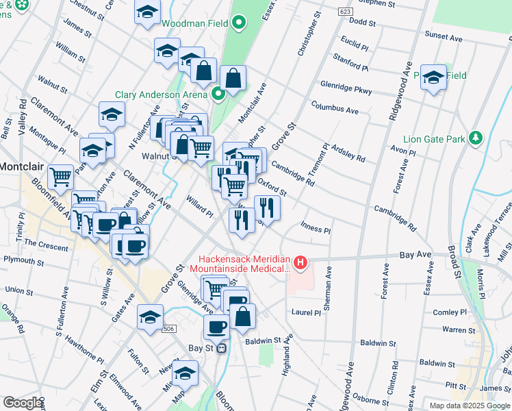 map of restaurants, bars, coffee shops, grocery stores, and more near 56 Walnut Street in Montclair