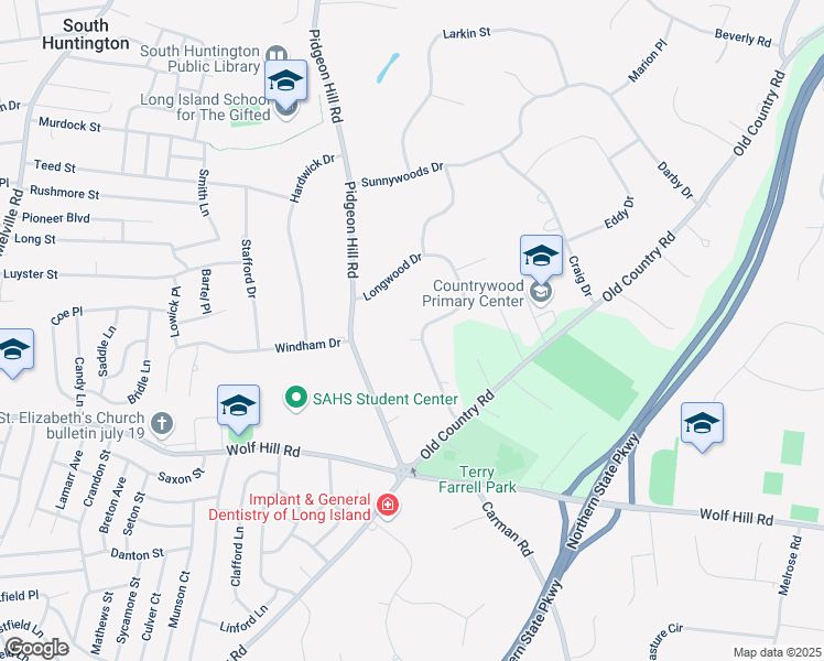 map of restaurants, bars, coffee shops, grocery stores, and more near 17 Longwood Drive in Huntington Station