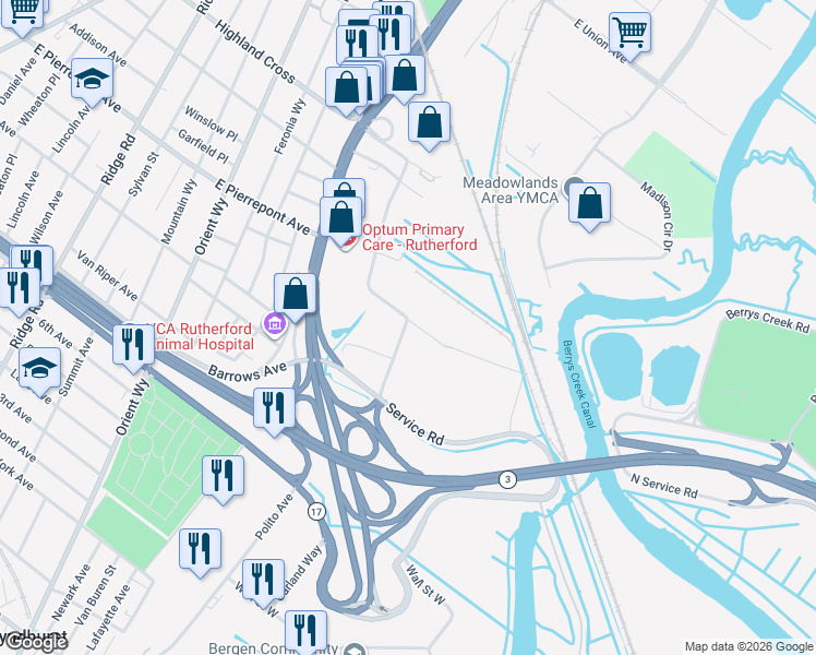 map of restaurants, bars, coffee shops, grocery stores, and more near 3 Altman Drive in Rutherford