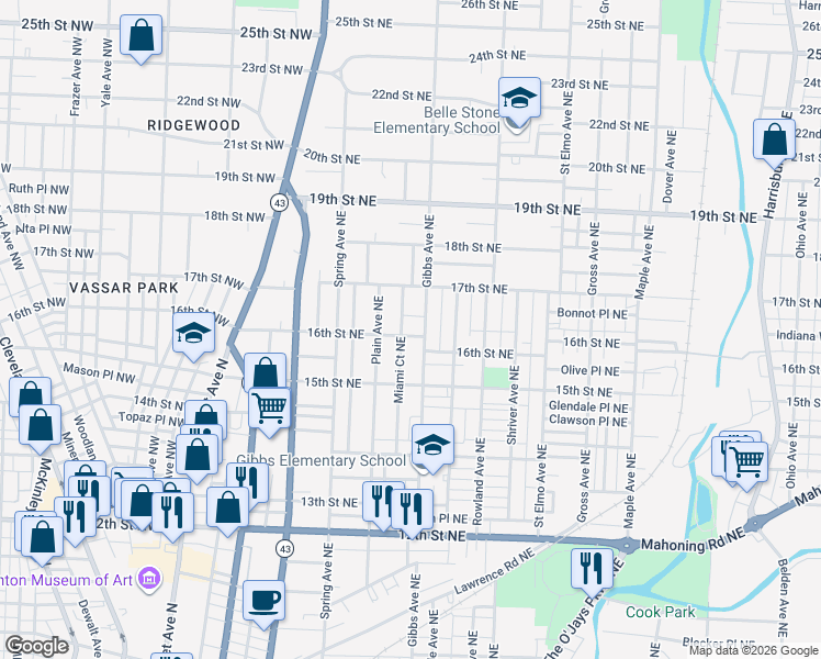 map of restaurants, bars, coffee shops, grocery stores, and more near 1007 16th Street Northeast in Canton