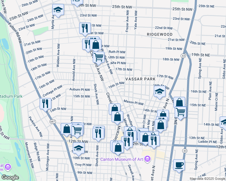 map of restaurants, bars, coffee shops, grocery stores, and more near 1503 Woodland Avenue Northwest in Canton
