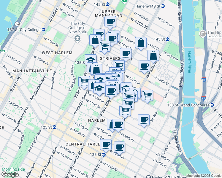 map of restaurants, bars, coffee shops, grocery stores, and more near 2284 Adam Clayton Powell Junior Boulevard in New York