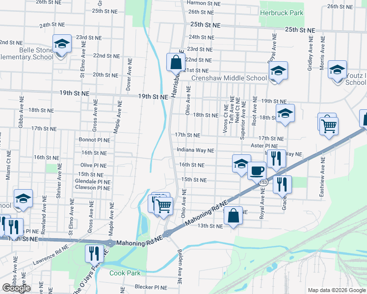 map of restaurants, bars, coffee shops, grocery stores, and more near 2027 Indiana Way Northeast in Canton