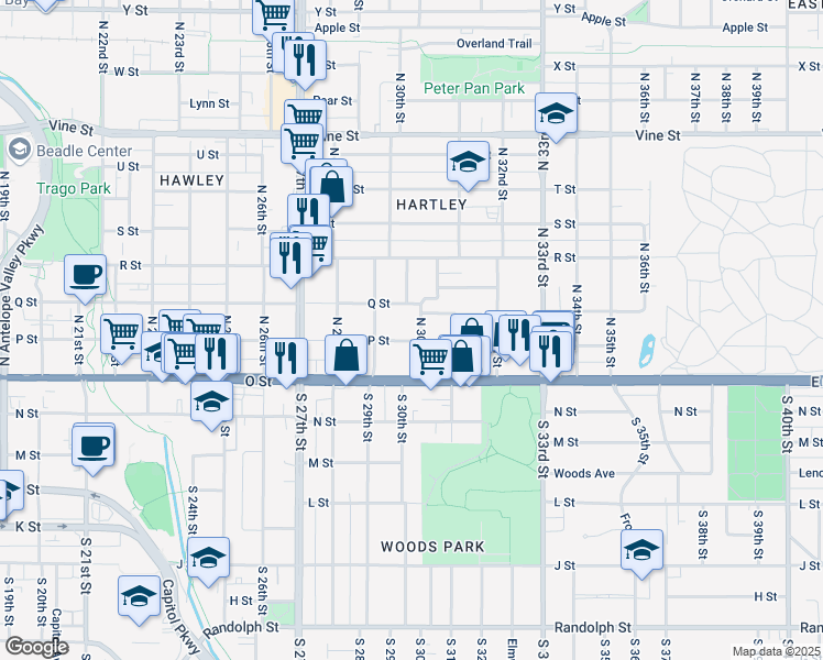 map of restaurants, bars, coffee shops, grocery stores, and more near 2956 P St in Lincoln