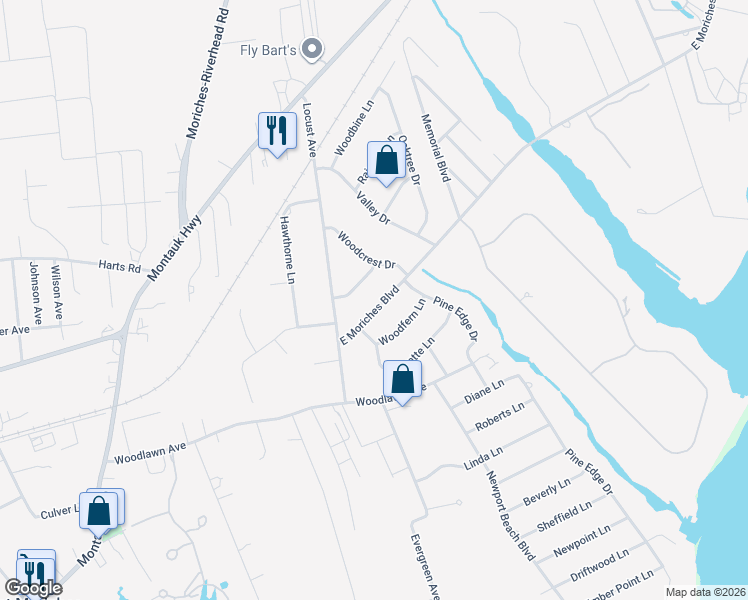 map of restaurants, bars, coffee shops, grocery stores, and more near 22 East Moriches Boulevard in East Moriches