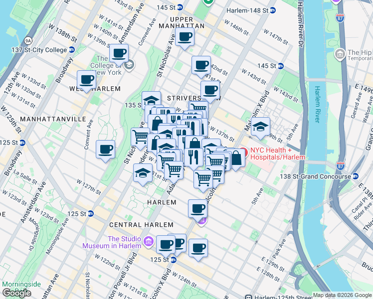 map of restaurants, bars, coffee shops, grocery stores, and more near 2305 Adam Clayton Powell Junior Boulevard in New York