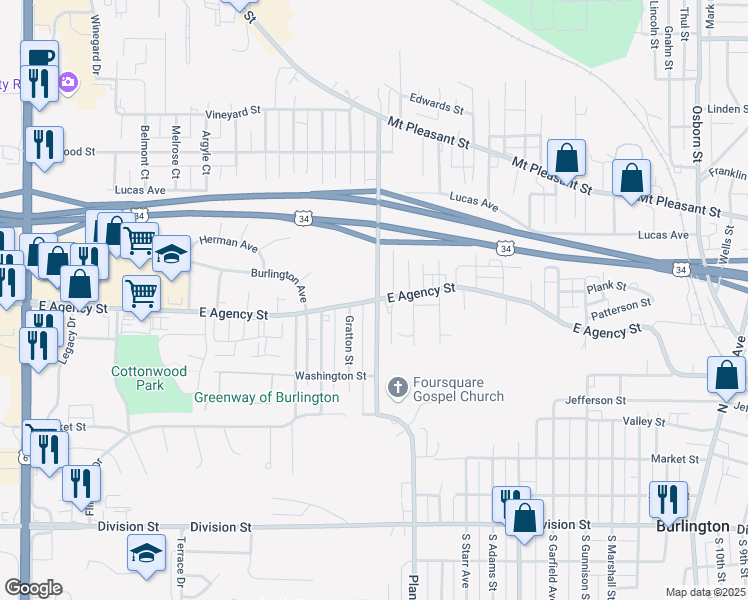 map of restaurants, bars, coffee shops, grocery stores, and more near 1910 East Agency Street in Burlington