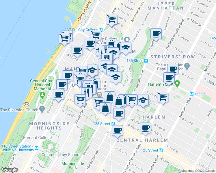 map of restaurants, bars, coffee shops, grocery stores, and more near 50 Convent Avenue in New York