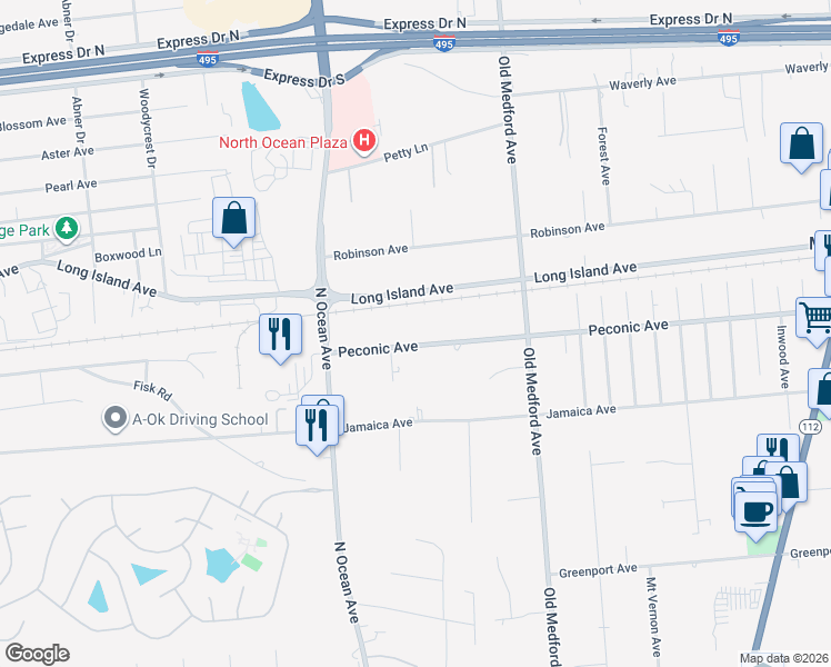map of restaurants, bars, coffee shops, grocery stores, and more near 325 Peconic Avenue in Medford