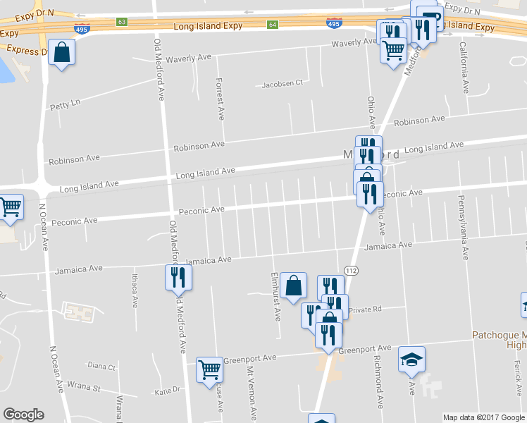 map of restaurants, bars, coffee shops, grocery stores, and more near 264 Peconic Avenue in Medford