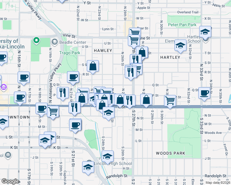 map of restaurants, bars, coffee shops, grocery stores, and more near 207 North 25th Street in Lincoln