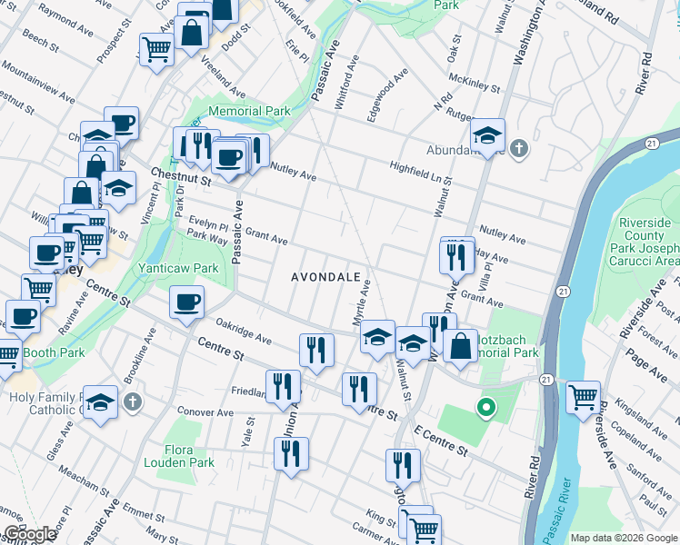 map of restaurants, bars, coffee shops, grocery stores, and more near 57 Weston Street in Nutley