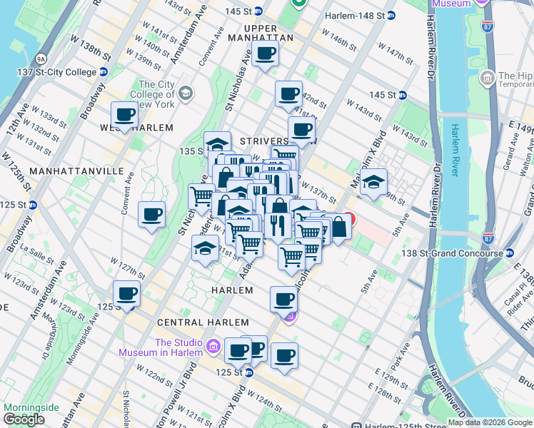 map of restaurants, bars, coffee shops, grocery stores, and more near 2305 Adam Clayton Powell Junior Boulevard in New York