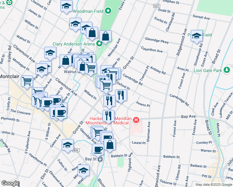 map of restaurants, bars, coffee shops, grocery stores, and more near 56 Walnut Street in Montclair