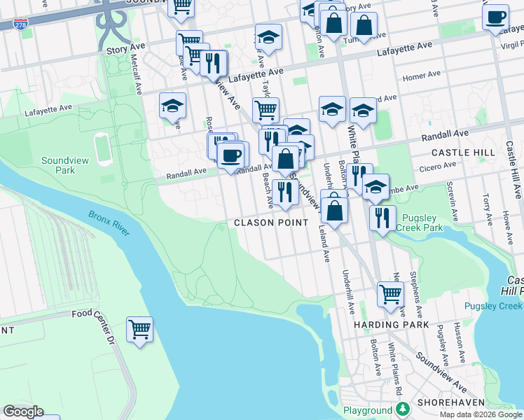 map of restaurants, bars, coffee shops, grocery stores, and more near 1785 Lacombe Avenue in The Bronx