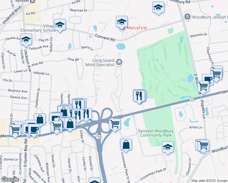 map of restaurants, bars, coffee shops, grocery stores, and more near 142 Pond Road in Woodbury