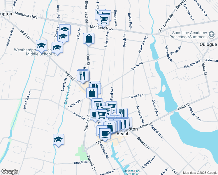 map of restaurants, bars, coffee shops, grocery stores, and more near 35 Woodland Avenue in Westhampton Beach