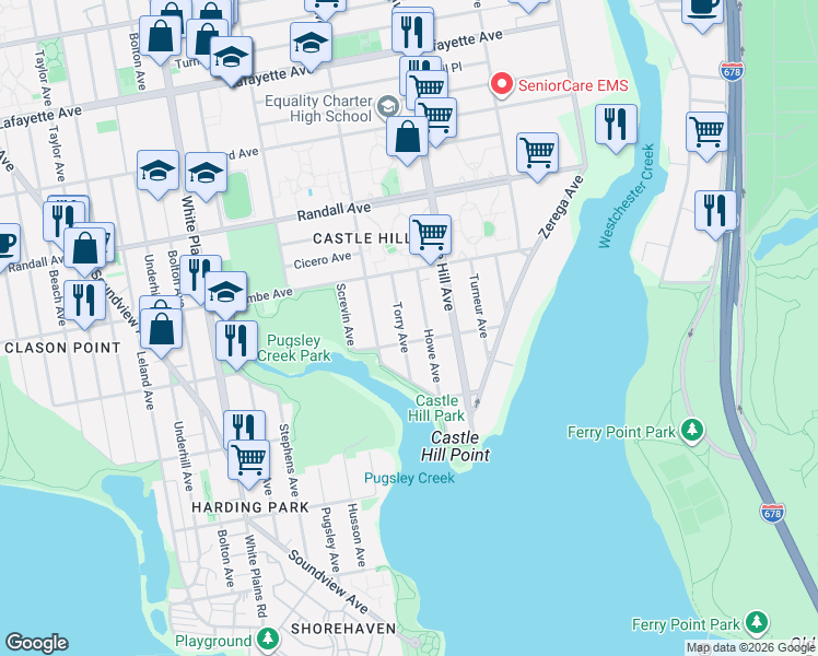 map of restaurants, bars, coffee shops, grocery stores, and more near 421 Torry Avenue in The Bronx