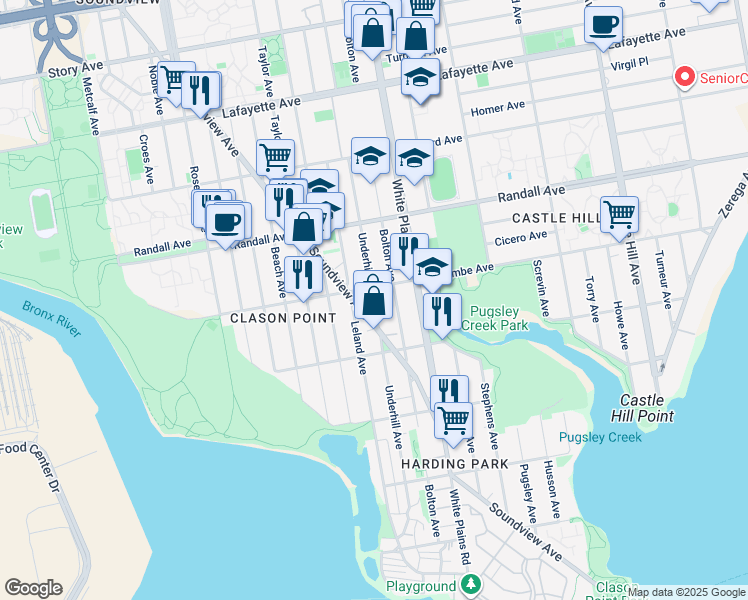 map of restaurants, bars, coffee shops, grocery stores, and more near 456 Underhill Avenue in Bronx