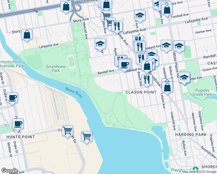 map of restaurants, bars, coffee shops, grocery stores, and more near 391 Bronx River Avenue in The Bronx