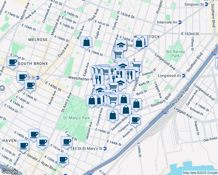 map of restaurants, bars, coffee shops, grocery stores, and more near in The Bronx
