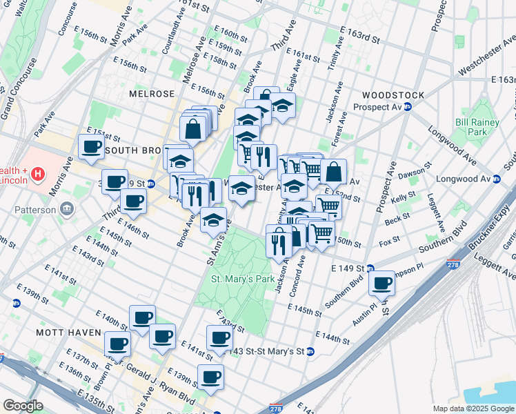 map of restaurants, bars, coffee shops, grocery stores, and more near 592 Eagle Avenue in The Bronx