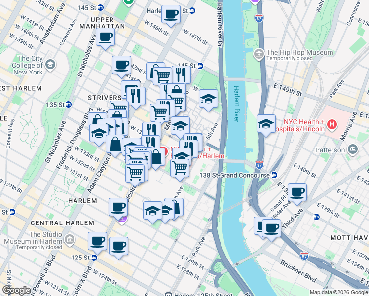 map of restaurants, bars, coffee shops, grocery stores, and more near 43 West 137th Street in New York
