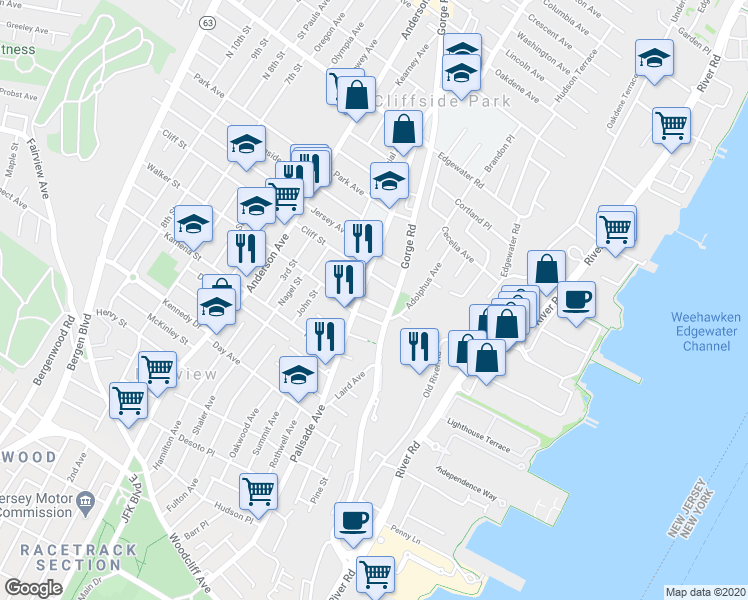 map of restaurants, bars, coffee shops, grocery stores, and more near 185 Cottage Place in Cliffside Park