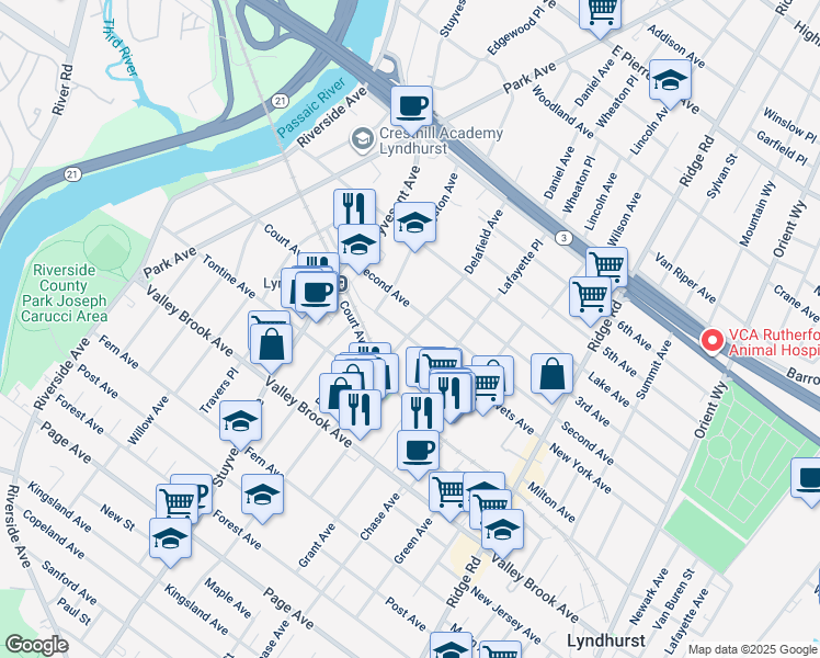 map of restaurants, bars, coffee shops, grocery stores, and more near 400 2nd Avenue in Lyndhurst