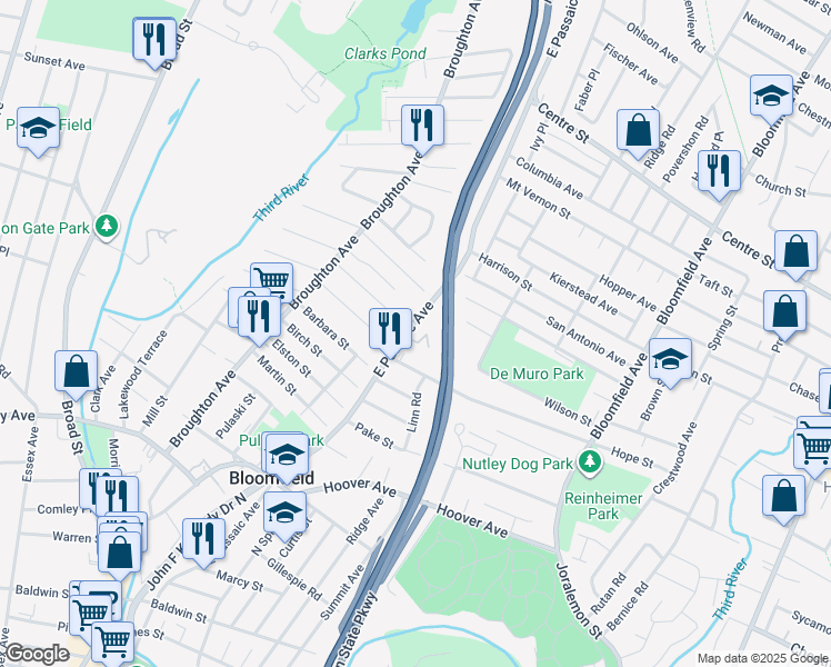 map of restaurants, bars, coffee shops, grocery stores, and more near 104 East Passaic Avenue in Nutley