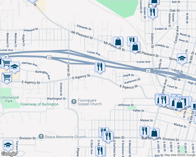 map of restaurants, bars, coffee shops, grocery stores, and more near 1515 Agency Street in Burlington