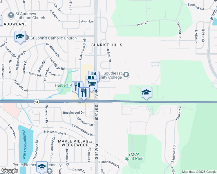 map of restaurants, bars, coffee shops, grocery stores, and more near 8500 College Park Road in Lincoln