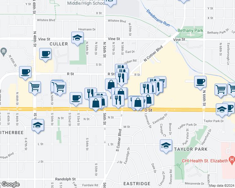 map of restaurants, bars, coffee shops, grocery stores, and more near 225 North Cotner Boulevard in Lincoln