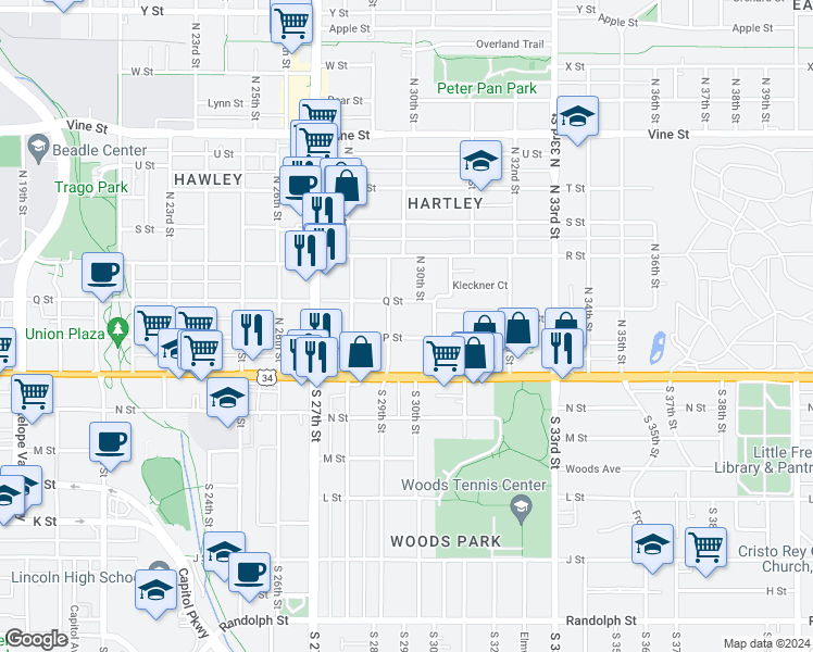 map of restaurants, bars, coffee shops, grocery stores, and more near 2956 P Street in Lincoln