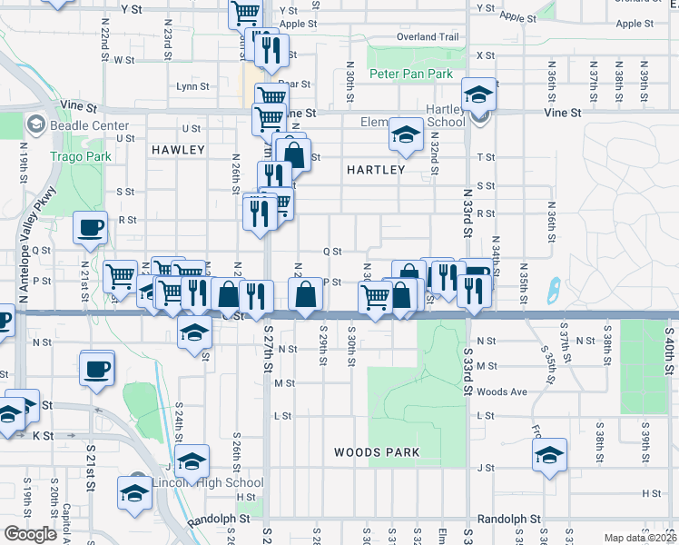 map of restaurants, bars, coffee shops, grocery stores, and more near 2850 P Street in Lincoln