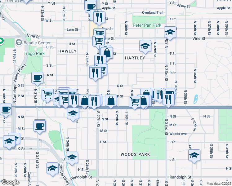 map of restaurants, bars, coffee shops, grocery stores, and more near 2850 P Street in Lincoln
