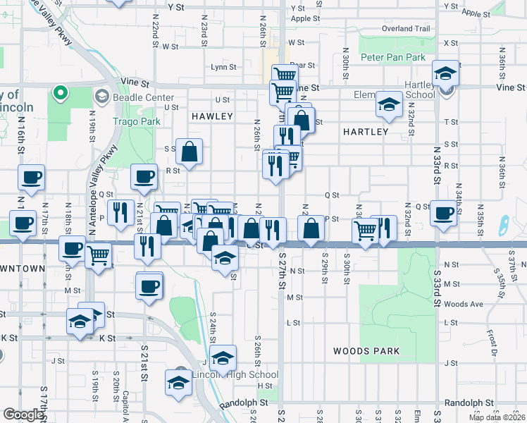 map of restaurants, bars, coffee shops, grocery stores, and more near 2544 P Street in Lincoln