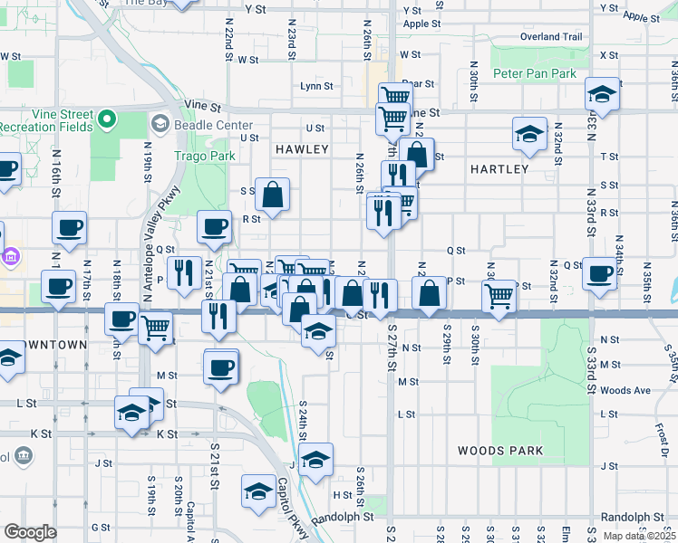 map of restaurants, bars, coffee shops, grocery stores, and more near 207 North 25th Street in Lincoln