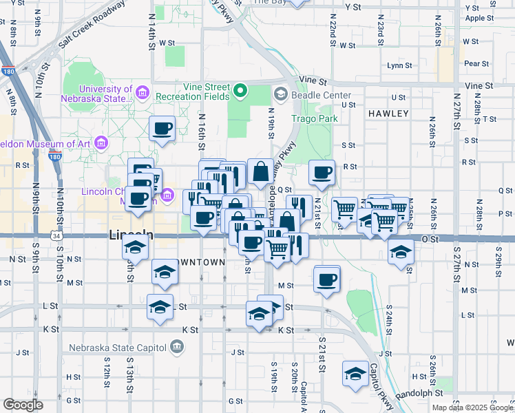map of restaurants, bars, coffee shops, grocery stores, and more near 201 North 19th Street in Lincoln