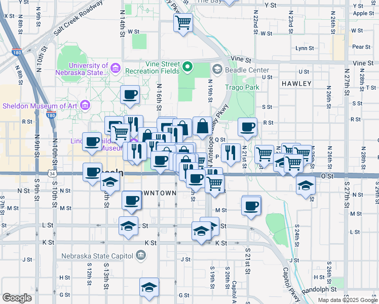 map of restaurants, bars, coffee shops, grocery stores, and more near 1720 P Street in Lincoln
