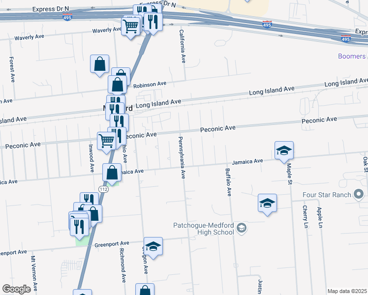 map of restaurants, bars, coffee shops, grocery stores, and more near 189 Pennsylvania Avenue in Medford