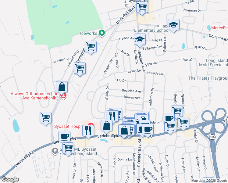 map of restaurants, bars, coffee shops, grocery stores, and more near 51 Beatrice Avenue in Syosset