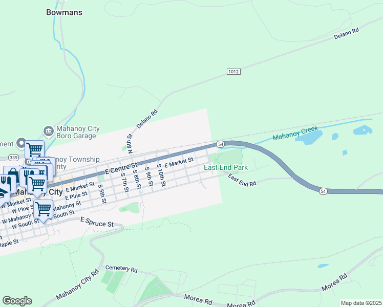 map of restaurants, bars, coffee shops, grocery stores, and more near 1230 East Centre Street in Mahanoy City