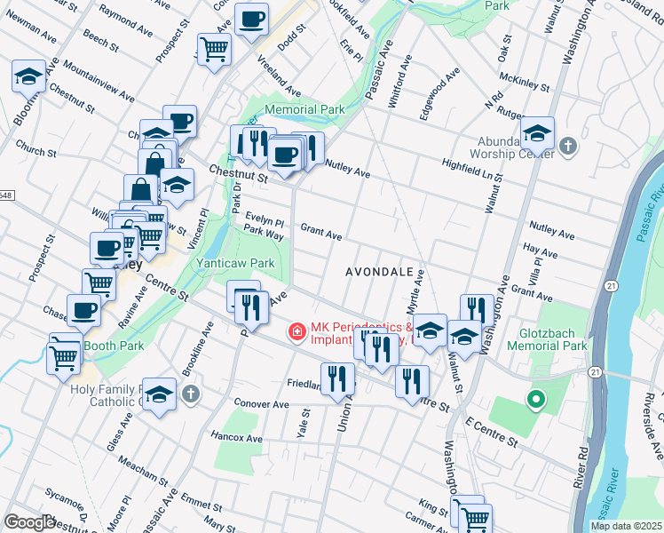 map of restaurants, bars, coffee shops, grocery stores, and more near 30 Whitford Avenue in Nutley