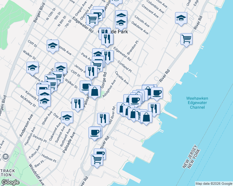 map of restaurants, bars, coffee shops, grocery stores, and more near 31 Overlook Ave in Cliffside Park