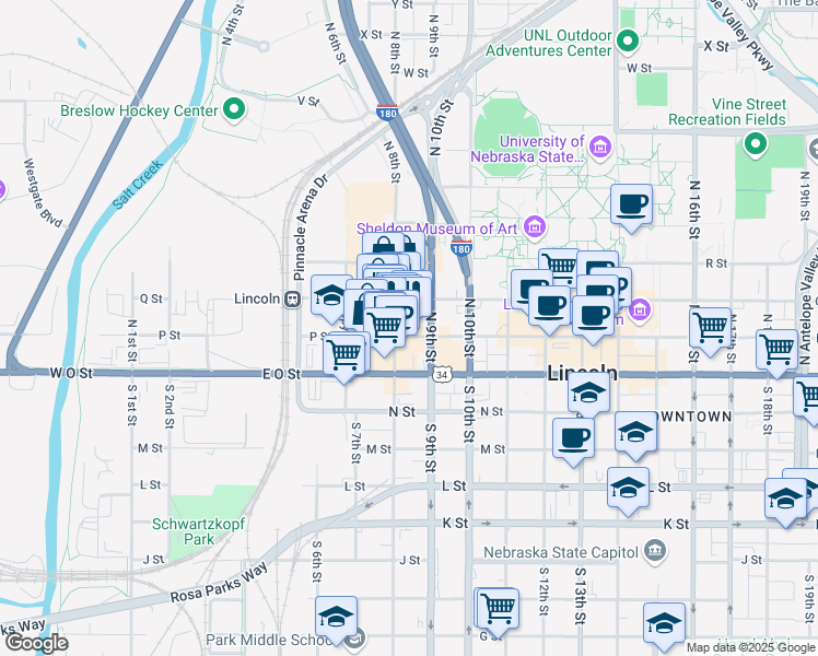 map of restaurants, bars, coffee shops, grocery stores, and more near 816 P Street in Lincoln