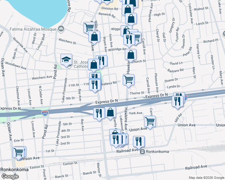 map of restaurants, bars, coffee shops, grocery stores, and more near 21 Saint Joseph Avenue in Lake Ronkonkoma
