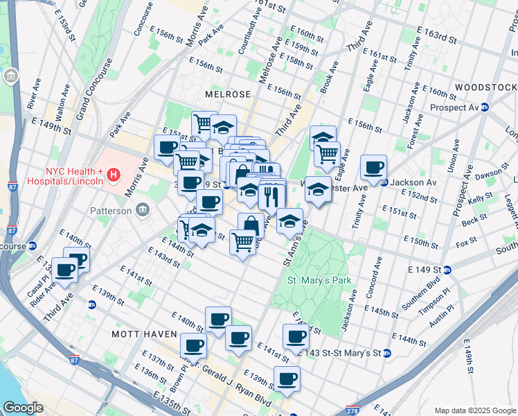 map of restaurants, bars, coffee shops, grocery stores, and more near 452 East 149th Street in Bronx